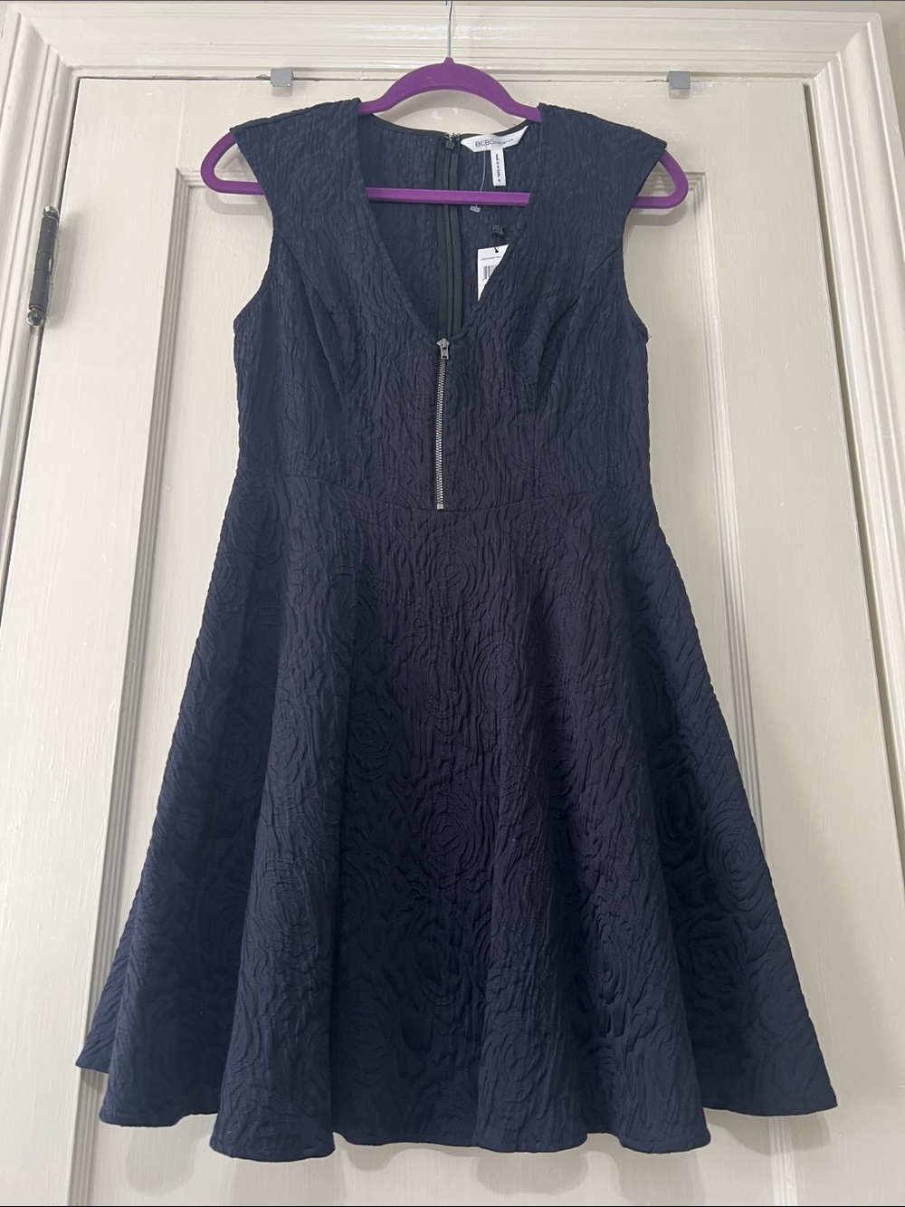 BCBGeneration Navy Textured Fit & Flare Dress with Front Zip